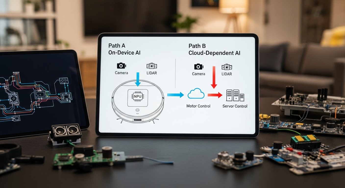 A diagram showing two data flow paths. Path A, labeled 'On-Device AI', shows icons for Camera and LiDAR pointing to a chip labeled 'NPU' inside a robot vacuum outline, with an arrow pointing to 'Motor Control'. Path B, labeled 'Cloud-Dependent AI', shows the same sensor icons pointing out of the robot, over a cloud icon, to a server farm, and then back to the robot's motor control. The path through the cloud is highlighted in red to signify a privacy risk. Style: clean infographic, technical, minimalist. - 