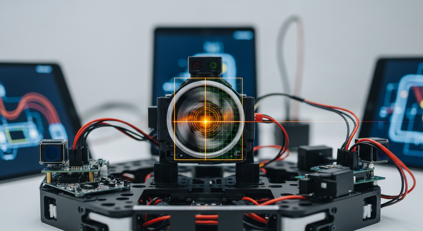 Macro shot of a Lidar sensor spinning on a robot chassis, laser grid overlay visible, clean white lab background, depth of field, technical illustration, high resolution, detailed electronics, orange laser light, cinematic lighting - 