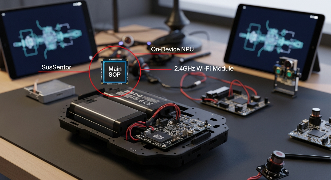 Disassembled robot chassis showing the battery pack and mainboard. A red circle highlights the main SoC (System on a Chip) with a label pointing to it: 'On-Device NPU'. The Wi-Fi module is also highlighted with a label: '2.4GHz Wi-Fi Module'. Style: teardown, detailed, clean workbench background, high-resolution photography, labeled components, electronics repair. - 