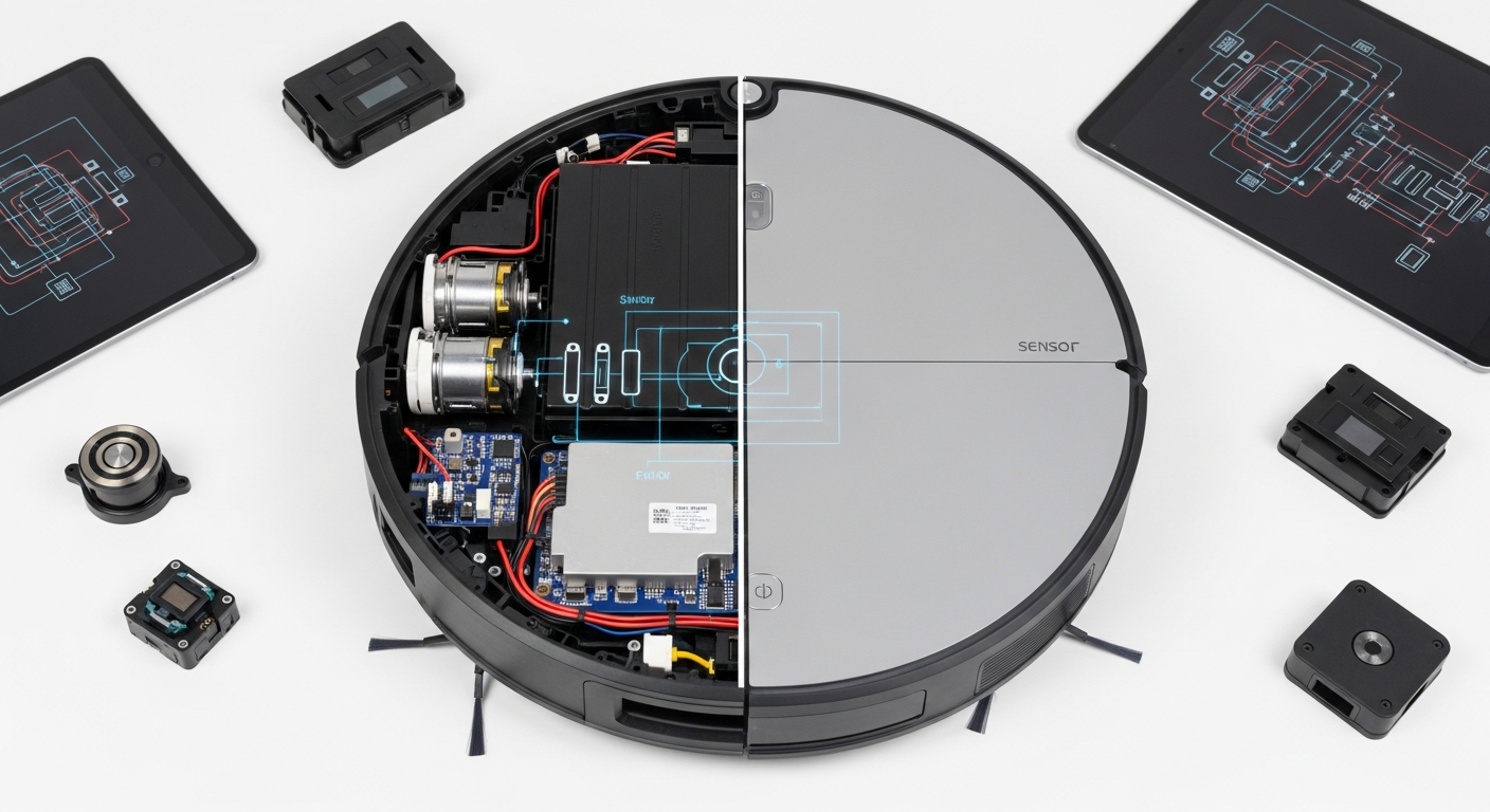 A robot vacuum, split perfectly in half down the middle, showing the internal components on one side (motors, battery, mainboard, sensors) and the clean, modern exterior on the other. Studio lighting, white background, high-detail, schematic overlays. - 