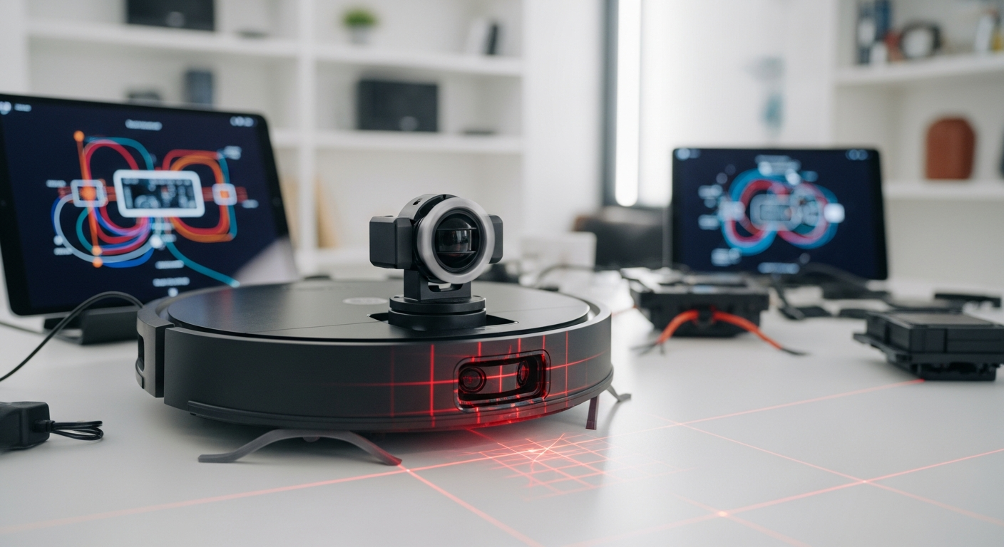 Macro shot of a Lidar sensor turret spinning on a robot vacuum chassis, a visible red laser grid is projected onto the surrounding white lab environment, shallow depth of field, technical, clean. - 