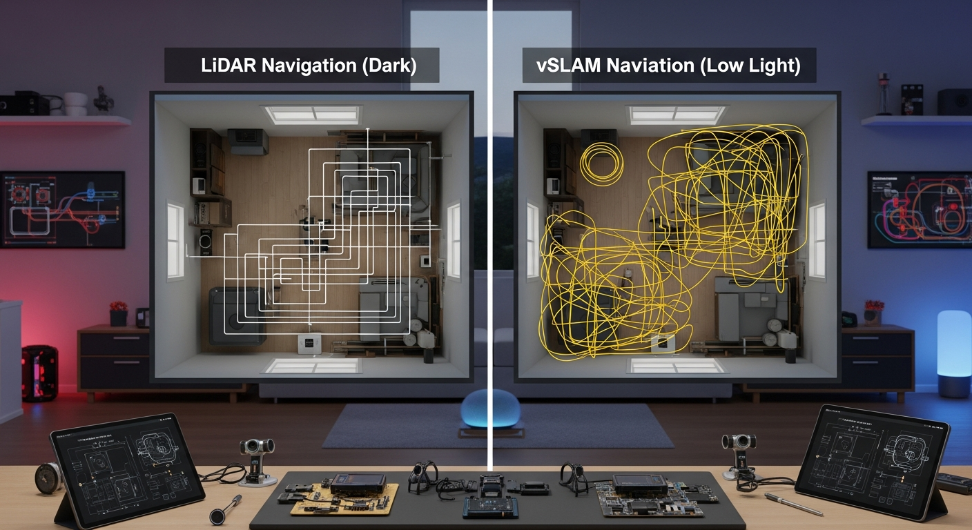 A split-screen diagram. On the left, a top-down view of a room with a clean, grid-like path created by a LiDAR robot. On the right, the same room with a messy, overlapping, and inefficient path from a vSLAM robot in low light. Clear labels: 'LiDAR Navigation (Dark)' vs. 'vSLAM Navigation (Low Light)'. - 