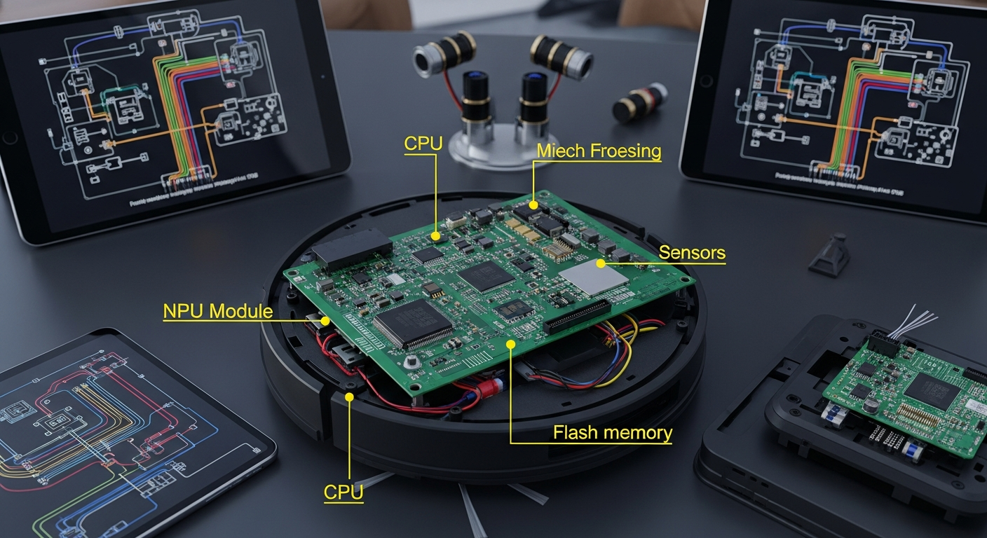 A detailed shot of a robot vacuum's mainboard. Use callout labels to highlight the CPU, the NPU (Neural Processing Unit), the Wi-Fi module, and flash memory. Green PCB, intricate traces, technical aesthetic. - 