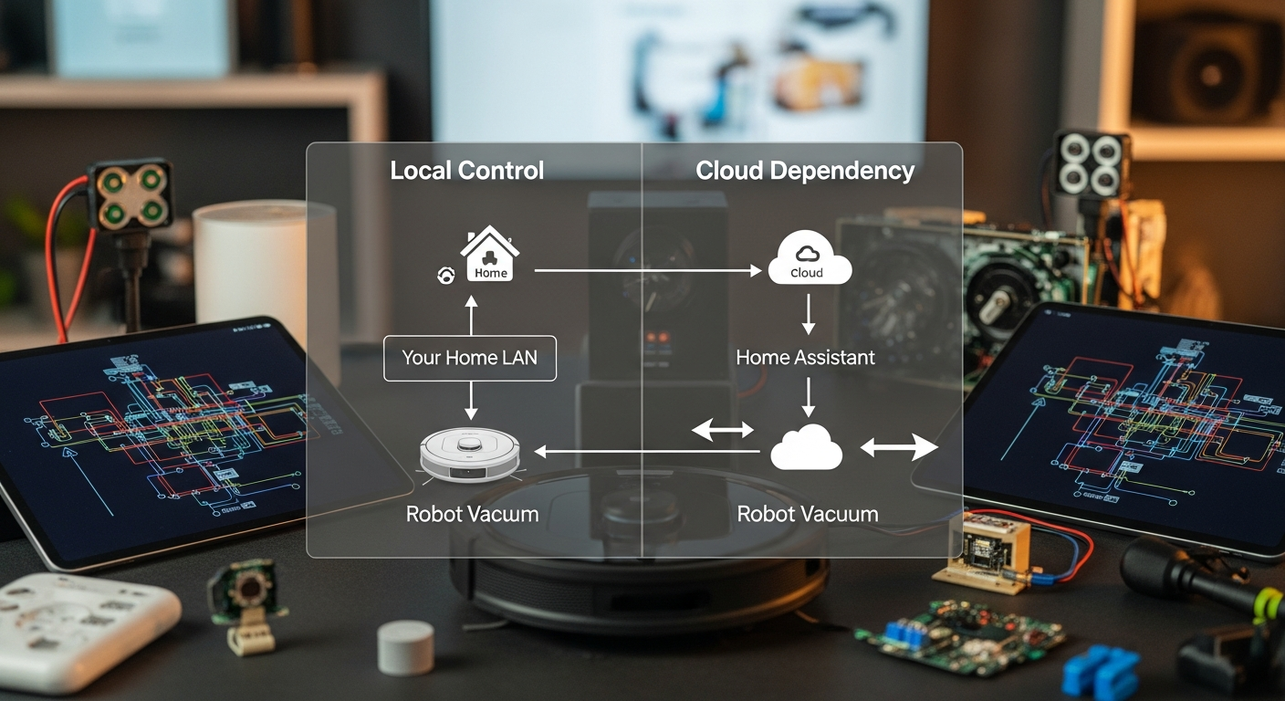 Network topology diagram. On the left, 'Local Control': a Home Assistant icon connects directly to a Robot Vacuum icon inside a box labeled 'Your Home LAN'. On the right, 'Cloud Dependency': the Home Assistant icon connects to a 'Cloud' icon, which then connects to the Robot Vacuum. Arrows show data leaving the LAN. - 