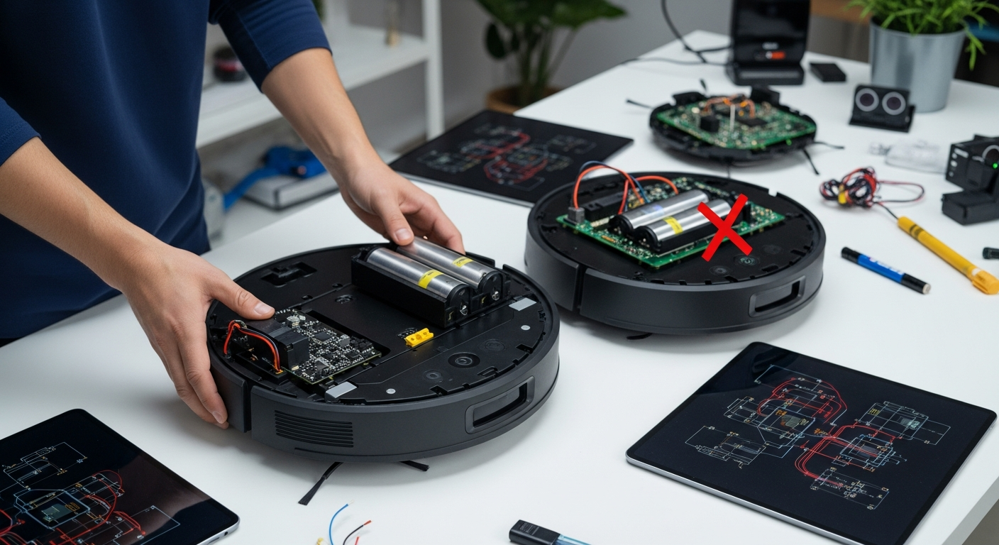 A disassembled robot vacuum on a workbench. The user's hands are shown easily swapping out a modular battery pack. In the background, another robot is shown with a battery that is soldered to the mainboard, marked with a red 'X'. - 