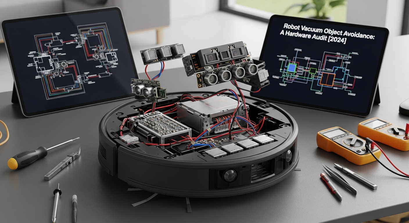 Exploded view of a modern robot vacuum cleaner on a clean, white background. Callouts point to the Lidar turret, the front-facing RGB camera and 3D structured light sensors, the main logic board, the battery pack, the wheel motors, and the dustbin. Technical, detailed, studio lighting. - 