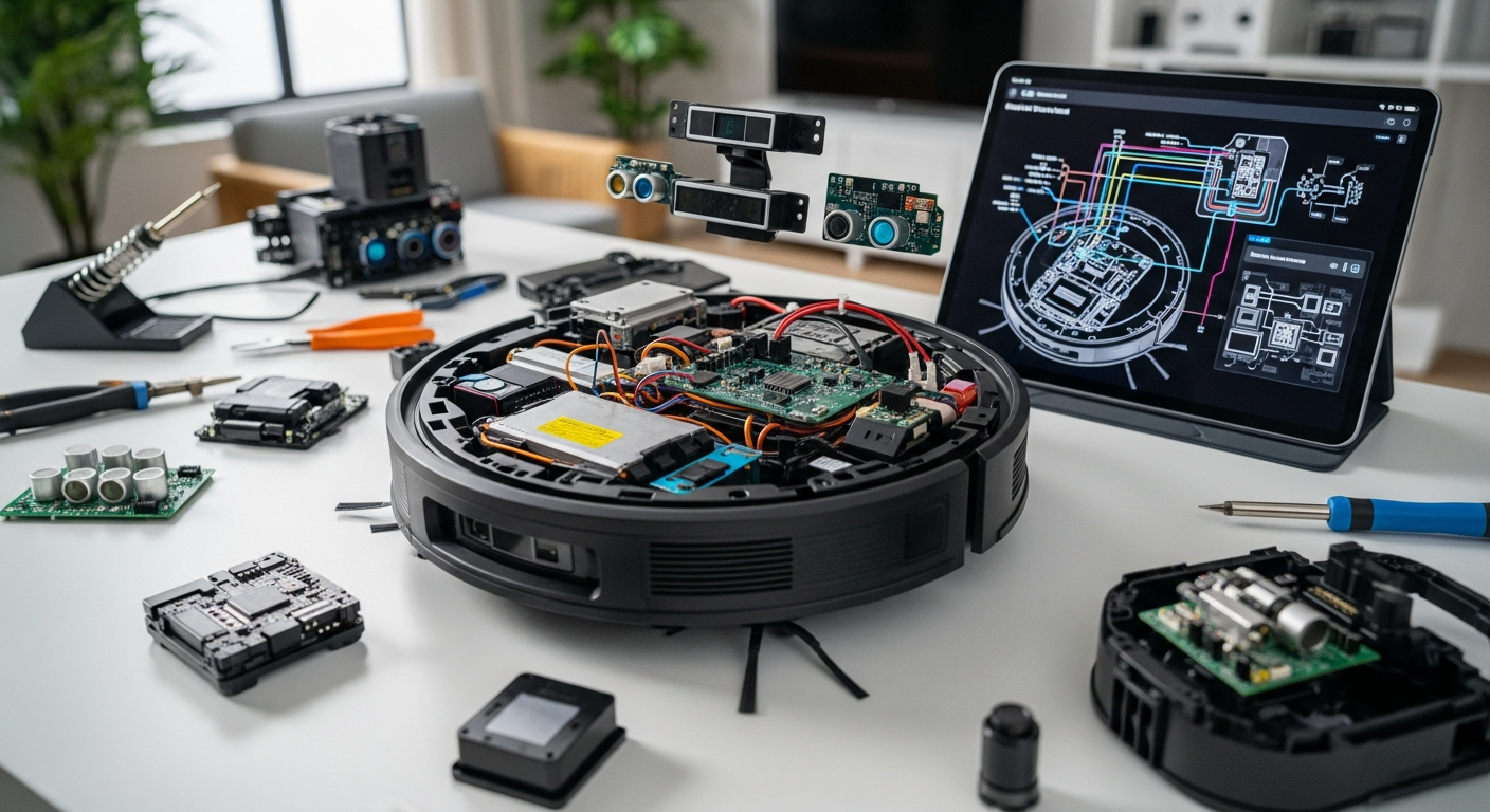 Macro shot of the front sensor array of a robot vacuum. The RGB camera lens is clearly visible on the left, and the grid pattern from the 3D structured light projector is visible on the right, casting a faint pattern on a nearby surface. Clean, technical, shallow depth of field. - 
