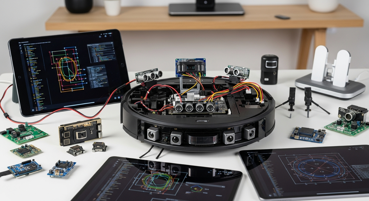 Close-up shot of a robot vacuum's side, showing a small robotic arm extending a spinning side brush to touch a white baseboard. The floor is dark hardwood, creating high contrast. Action shot, motion blur on the brush. - 