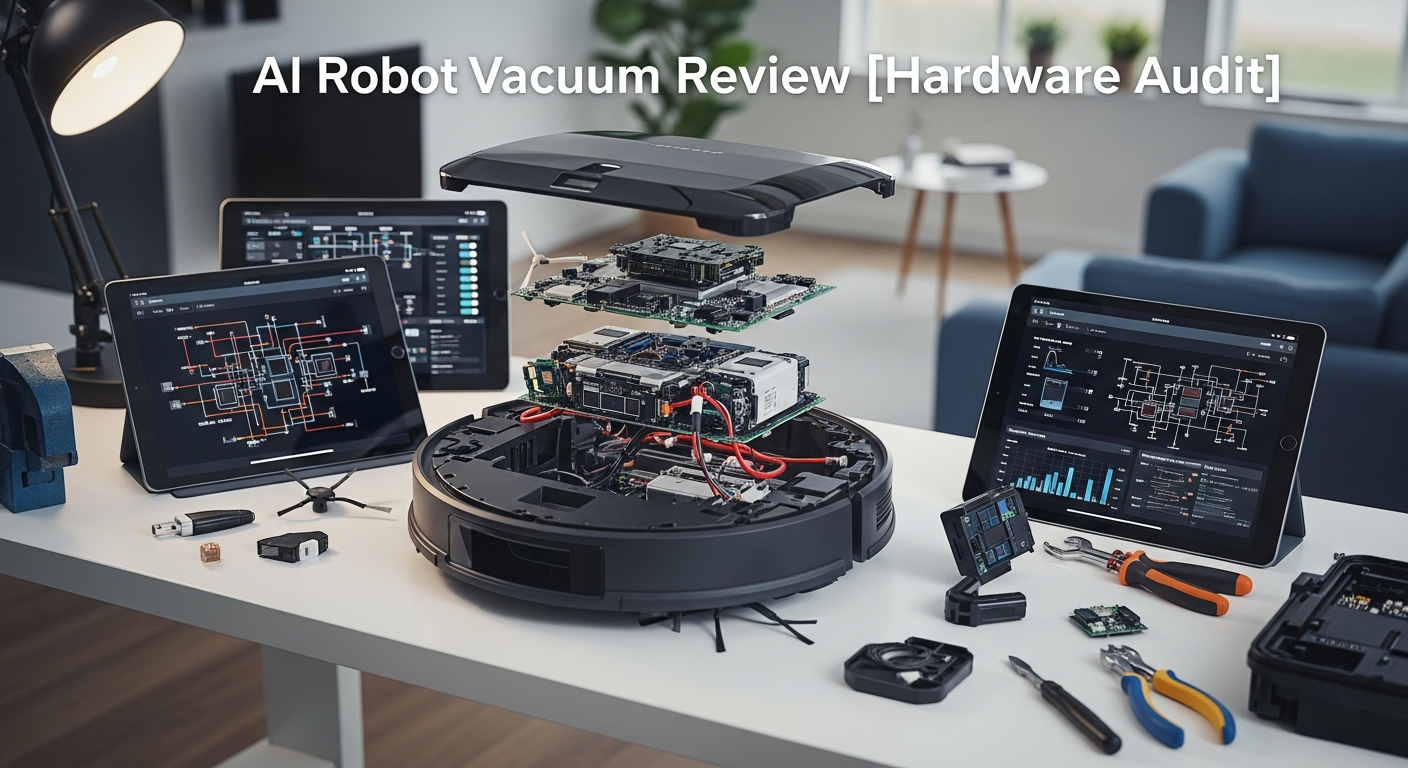 A sleek, side-by-side comparison shot of the three robot vacuums: Roborock S8 MaxV Ultra, Ecovacs Deebot X2 Omni, and Roomba Combo J9+. They are positioned on a clean, white studio background, highlighting their different shapes (round vs. square) and visible sensor arrays. Minimalist, high-tech aesthetic. - 