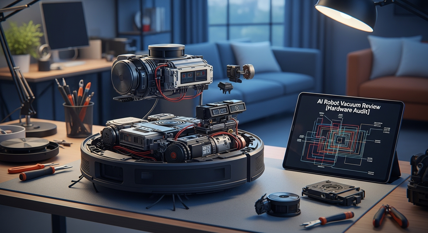 A conceptual diagram illustrating a robot vacuum's sensor fusion. A Lidar point cloud, a 3D structured light depth map, and an RGB camera feed all converge on a silicon chip labeled 'On-Device NPU'. Bounding boxes appear on the output, identifying 'Shoe', 'Power Cord', and 'Pet Waste'. Style: clean, technical infographic. - 