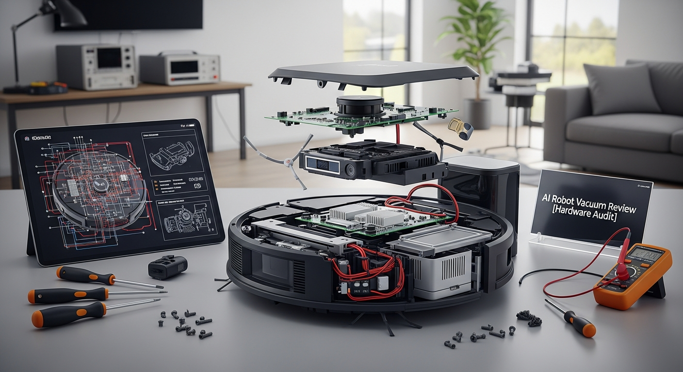 A split-screen image. On the left, a complex and detailed Home Assistant dashboard for a robot vacuum with a live map, zone selection buttons, and sliders for fan/mop settings. On the right, a starkly simple Matter integration in a smart home app, showing only a single 'On/Off' toggle and a battery icon. - 