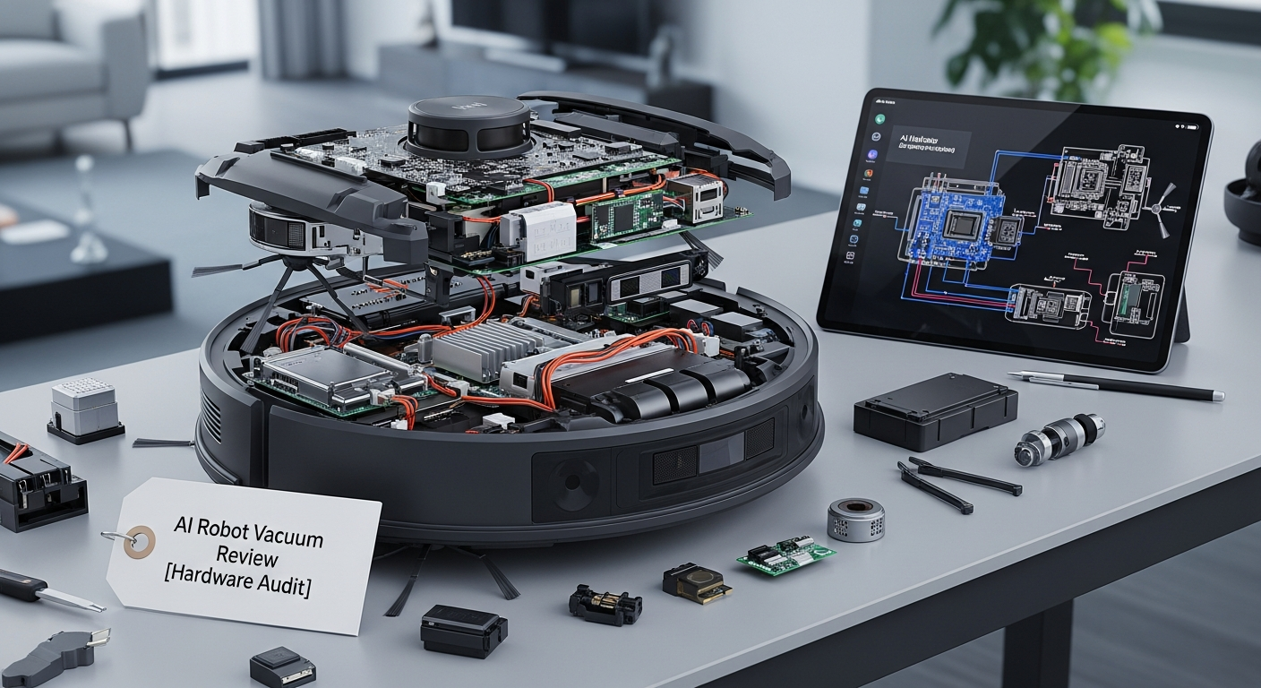 An exploded-view diagram of a robot vacuum on a virtual workbench. Components like the battery, mainboard, LiDAR turret, wheel modules, and brush assembly are shown separated from the chassis but connected by dotted lines. Each major component is labeled. Technical, iFixit-style aesthetic. - 