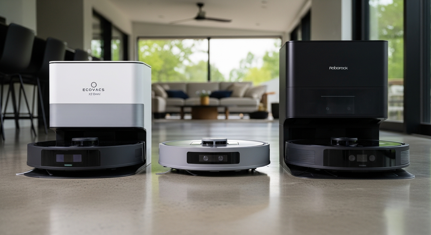 Three high-end robot vacuums (Ecovacs X2 Omni, iRobot Roomba j9+, Roborock S8 Pro Ultra) side-by-side on a polished concrete floor in a modern, minimalist home. The shot is low-angle, emphasizing their different shapes and sensor arrays. Cinematic lighting, shallow depth of field, tech review aesthetic, highly detailed. - 