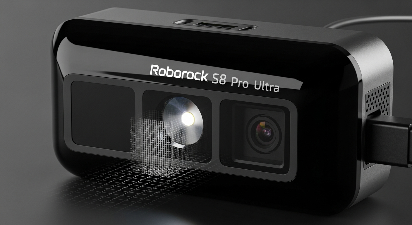 A macro shot of the Roborock S8 Pro Ultra's front sensor array. The 3D structured light emitter and infrared camera are visible behind a glossy black panel. A faint grid pattern from the structured light is projected onto a nearby surface. Technical, clean, studio lighting. - 
