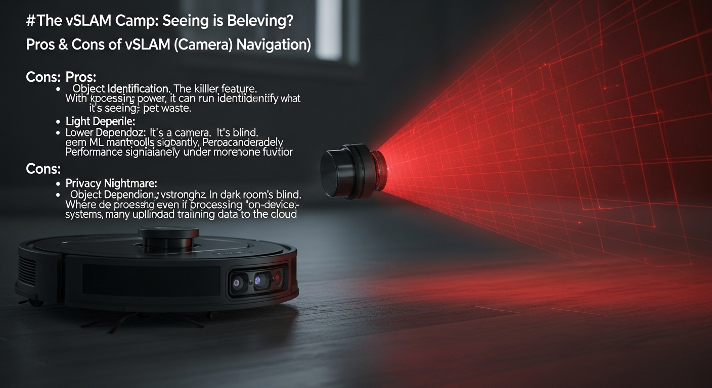 A split-screen comparison. The left panel shows a crisp, geometric LiDAR point-cloud map of a living room. The right panel shows a vSLAM feature-point map of the same room, appearing as a sparse constellation of dots connected by lines. Text overlays read 'LiDAR: High-Fidelity Room Geometry' and 'vSLAM: Visual Landmark Triangulation'. - 