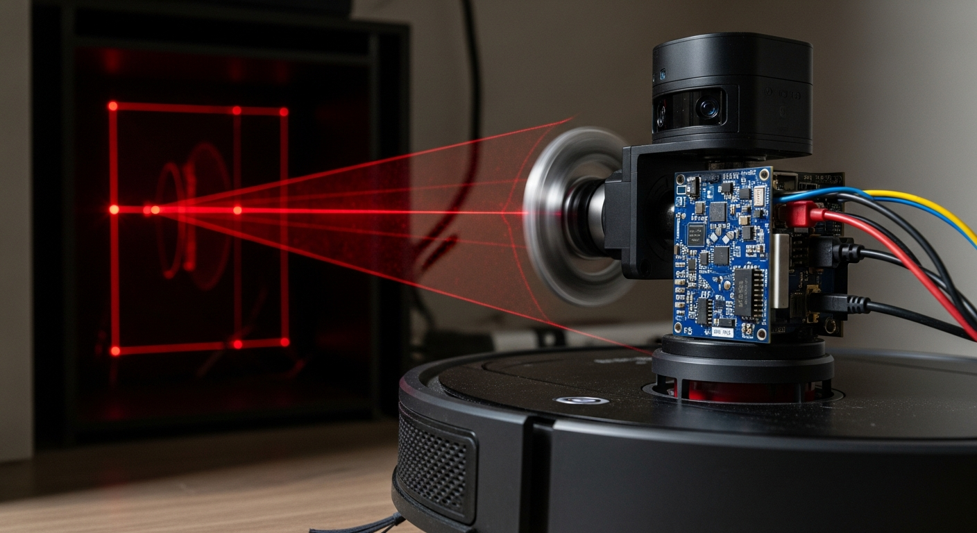 Macro shot of a Lidar sensor turret spinning on a robot vacuum chassis. A faint red laser grid is overlaid on the image, projecting out into a darkened room, illustrating the time-of-flight measurement concept. Clean, technical, high-resolution, shallow depth of field, detailed electronics. - 